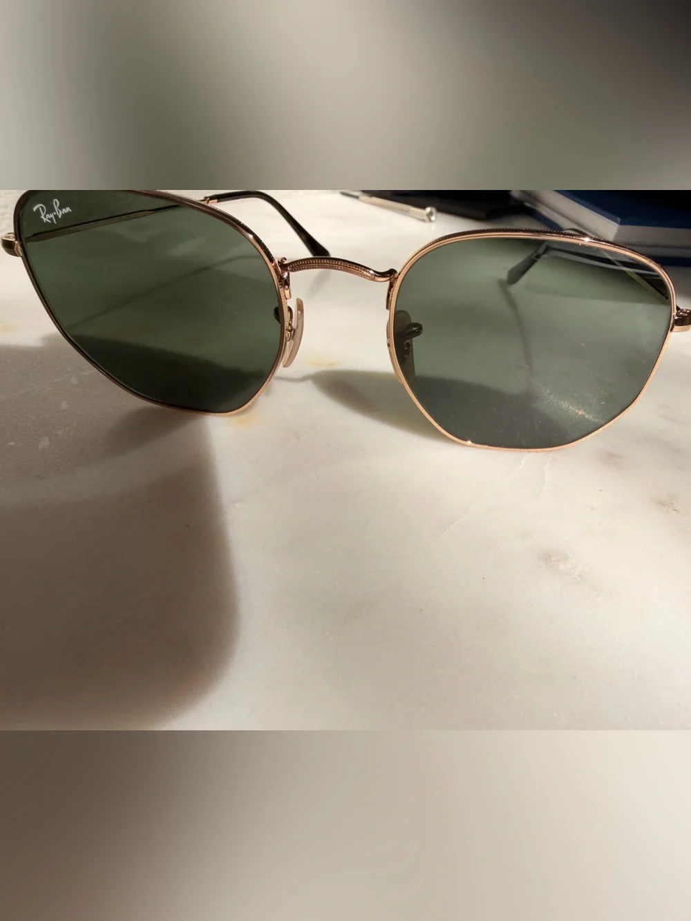 Ray-Ban Women's Gold Frame Sunglasses with Green Lenses - Hex Oval
